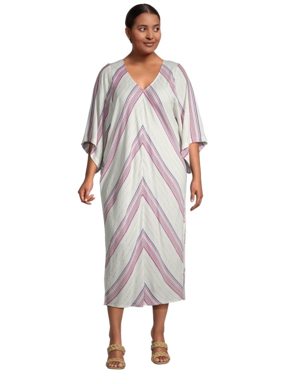 World Market Striped V-Neck Maxi Dress in Cream, Pink & Navy